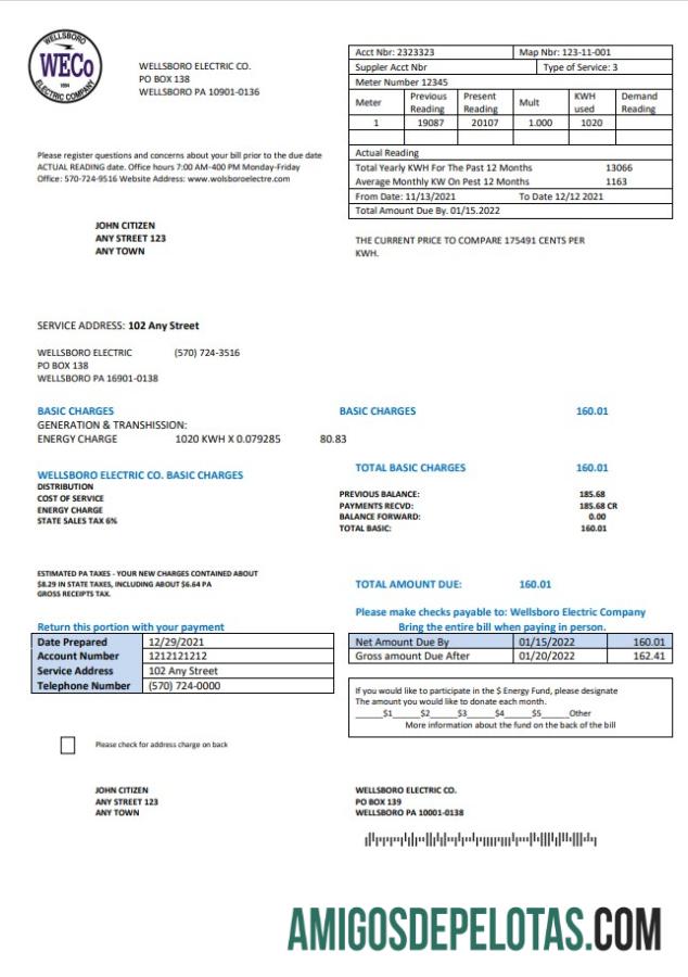Para baixar modelo de conta de serviços públicos da Pensilvânia Wellsboro Electric em formato Word e PDF